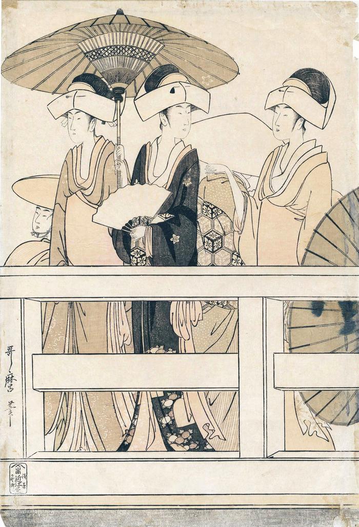 Upper left panel of a 6 panel piece: three maids of a samurai mansion - <i>On top of and beneath Ryōgoku Bridge </i> 'Ryōgokubashi no ue, shita' (両国橋上下)