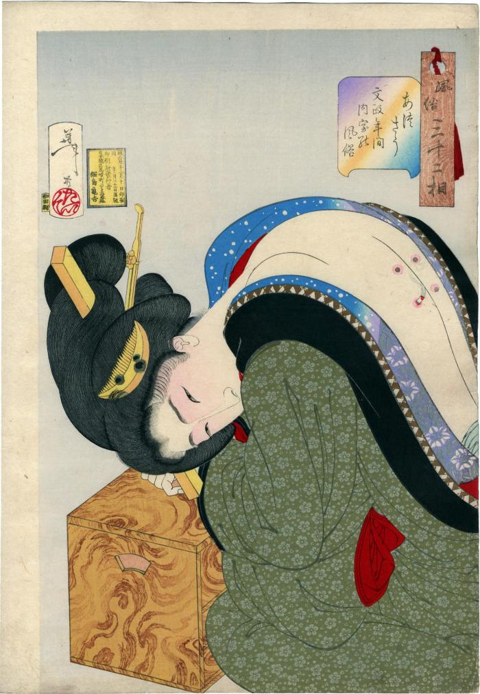Looking hot (<i>Atsu-sō</i> - あつさう): The Appearance of a Housewife of the Bunsei Era (<i>Bunsei nenkan naishitsu no fuzoku</i> - 文政年間: 内室の風俗), from the series <i>'Thirty-two Aspects of Customs and Manners' </i> (<i>Fūzoku sanjūni sō</i> - 風俗三十二相)