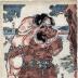 Kawazu Sukeyasu (河津祐安) and Matano Kagehisa (俣野景久) at the sumō tournament in the presence of Minamoto no Yoritomo - this is the center panel of a triptych 