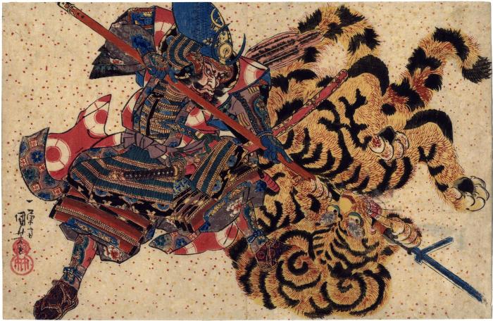 Katō Kiyomasa, a vassal of Toyotomi Hideyoshi, killing a tiger