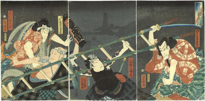 'An Old Tale of Conflict in the East' (<i>Mukashi gatari Azuma no tatehiki</i> - 昔語東立引) - Nakamura Shikan IV [四代目中村芝翫] as Yottsuibishi Chōgorō (四ツイ菱長五郎) on the right, Bandō Hikosaburō V [五代目坂東彦三郎] as Kogashira Mekurajimanohiko (小頭めくら島ノ彦) in the center, Bandō Kamezō I as the <i>otokodate</i> Kanehara  and Ichikawa Ichizō III as Mitsuhiki Ichigorō (三ッ引市五郎) on the left 