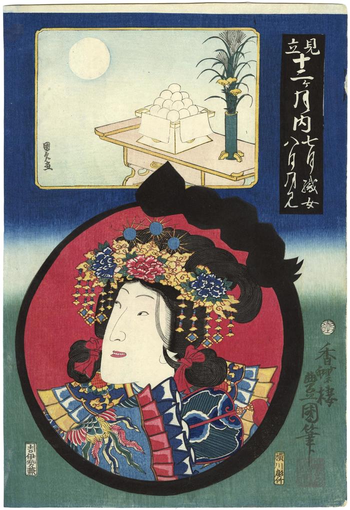 Iwai Kumesaburō III [岩井粂三郎] as the Weaver Maiden Shokujo from 'A Parody of the Twelve Months' (<i>Mitate ju ni kagetsu nouchi</i> - 見立十二ヶ月ノ内) representing the 7th and 8th months  