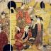 Nakayama Tomisaburō I standing next to Matsumoto Koshirō V in the checkered robe, Ichikawa Danjurō VII in makeup and Onoe Eizaburō I seated and holding a scroll - this is the left panel of a triptych entitled <i>Edo shibai sangai no zu</i> ('The 3rd Floor of an Edo Theater' - 江戸芝居三階之図)