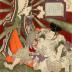 Tamamo no Mae [玉藻の前] transforming into a fox while Abe no Yasunari [安部泰成] holds up mirror to show her true nature 