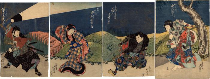 Right to left: Nakamura Utaemon III (中村歌右衛門) as Sutewakamaru (捨若丸); Onoe Tamizō II (尾上多見蔵) as Miura Hitachi (三浦常陸); Nakamura Tomijūrō II (中村富十郎) as Gion Okaji (ぎおんおかじ);  Bandō Jūtarō I (坂東寿太郎) as Saito Kuranosuke (斎藤蔵之助) in the play <i>Keisei chigogafuchi</i> ('The Chigogafuchi Pool')