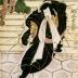 Ichikawa Ebizō V (市川海老蔵) as Toneri Matsuō (舎人松王) coming through the wall, Arashi Izaburō II (嵐猪三郎) as  土師の兵衛 in the center, while on the left is Sawamura Tosshō I (澤村訥升) as the real-life Sakuramaru (まれ世 実ハ桜丸), from the play <i>Sugawara Denju Tenarai Kagami</i> [菅原伝授手習鑑]