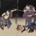 Asao Takumi I (浅尾内匠) as Naosuke Gonbei (直介権兵へ) and Ichikawa Sukejūrō IV (市川助十郎) as Hamiya Iemon (羽宮伊右衛門) in the play <i>Azumakaido Yotsuya Kaidan</i>