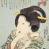 A beauty adjusting her makeup (化粧) from the series "Types of the Floating World Seen Through a Physiognomist's Glass" (<i>Ukiyo jinsei tengankiyō</i> - 浮世人精天眼鏡)