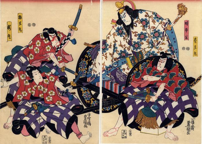 Morita Kan'ya XI as Shihei-Kō (時平公) with Arashi Rikaku II as Matsuomaru (松王丸) on the right and Seki Sanjurō III as Umeōmaru (梅王丸) with Onoe Kikujirō II as Sakuramaru (桜丸) on the left in the <i>Kuruma biki</i> or 'Pulling the carriage apart' scene