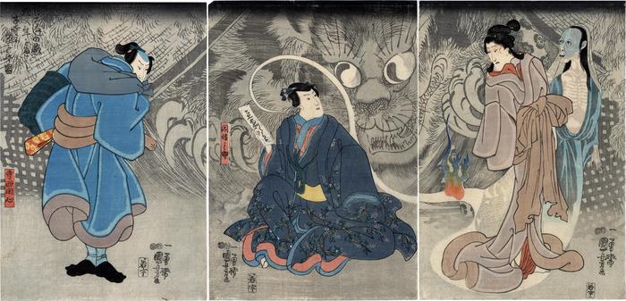 Sawamura Sōjūrō V as Teranishi Kanshin (寺西閑心) on the left, Ichimura Uzaemon XII as Inabanosuke (因幡之助) in the center, and Onoe Kikugorō III as Usugomo with the cat-gost Okabe on the right in <i>The Lifetime of Onoe Kikugorō III</i> (<i>Onoe Kikugorō ichidai banashi</i> - 尾上梅寿一代噺) 