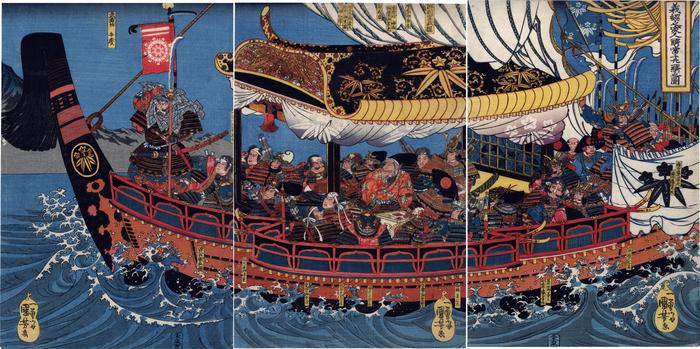 Yoshitsune and his twenty one retainers on a ship (<i>Yoshitsune no kenin ikki-tosen no niju-ikki no zu</i> - 義経之家人一騎当千廾一騎之図) 