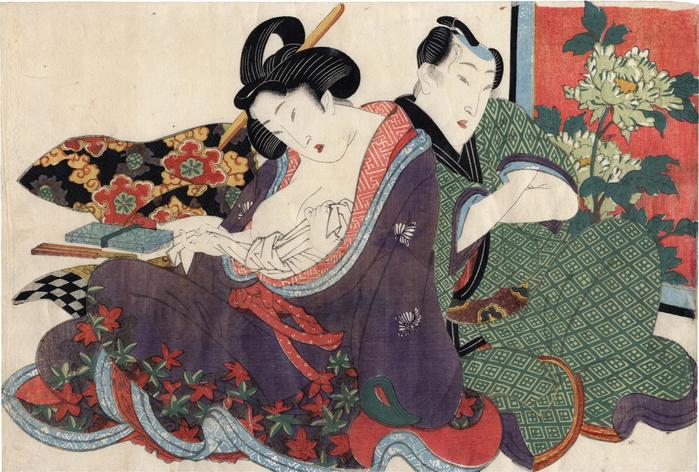 An amorous couple with a woman tying off an undergarment from the series 'Secret Conversations with Courtesans' (<i>Keisei higo</i> - 契情秘語)