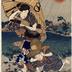 Woman carrying umbrellas and a child running during a <i>Sudden shower at the Mimeguri Shrine</i> (三囲の夕立) 