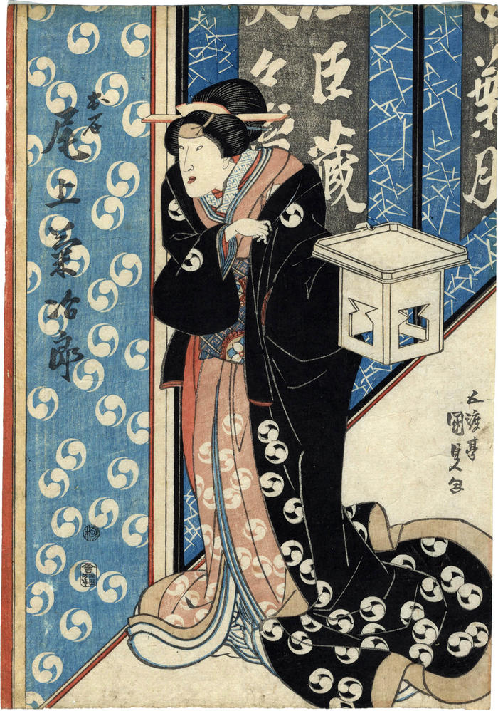 Onoe Kikujirō II (尾上菊次郎) as Oishi (お石), the wife of Ōboshi Yuranosuke, in Act IX the <i>Kanadehon Chūshingura</i> ('Copybook of the Treasury of Loyal Retainers': 仮名手本忠臣蔵) 
