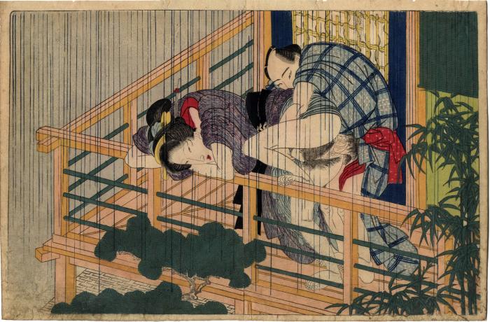 From volume 2, a couple having sex on a balcony on a  <br />
rainy day from <i>In Praise of Love in the Four Seasons</i> <br />
(<i>Shunka shūtō, Shiki no nagame</i> - 春夏秋冬 - 色の詠)